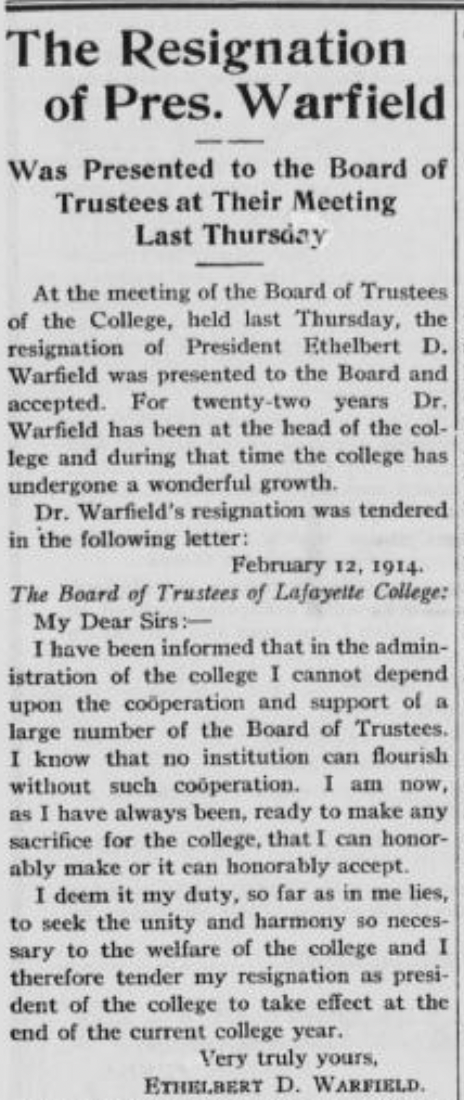 Former college President Ethelbert Dudley Warfield was the first president in the college's history to face the possibility of a successful vote of no confidence. (Photo courtesy of Lafayette College Archives)